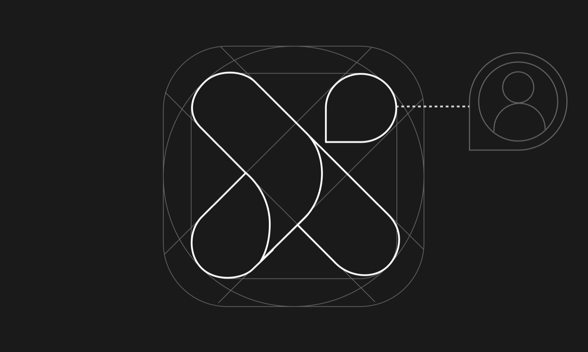The logomark drawn on its geometric grid